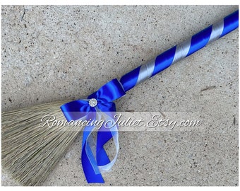 Classic Jump Broom with Rhinestone Accent ..shown in silver gray/royal blue