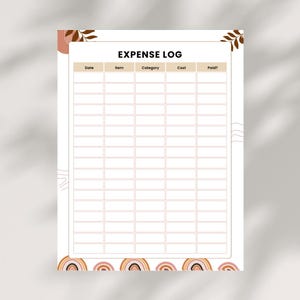 May include: An expense log with a white background and a decorative border featuring rainbows and abstract shapes in shades of brown and peach. The title "EXPENSE LOG" is at the top, with columns for date, item, category, cost, and paid.