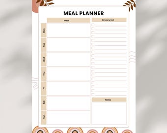 May include: A weekly meal planner with a neutral color palette. The planner includes sections for each day of the week, a grocery list, and notes. The design features decorative arches and leaf accents.