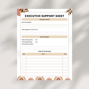Könnte beinhalten: Ein druckbares Executive Support Sheet mit beige-weißem Design. Das Blatt enthält Abschnitte für Motivation, externe Unterstützung und einen Schritt-für-Schritt-Plan. Dekorative Elemente sind braune Blätter und Regenbogenbögen.