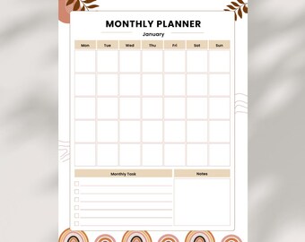 May include: A monthly planner with a neutral color palette. The top of the page reads "MONTHLY PLANNER January". The planner has a grid for daily scheduling, a section for monthly tasks, and a notes section. Decorative elements include arches and leaf designs.