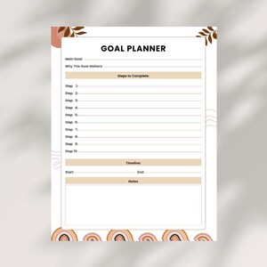 Könnte beinhalten: Ein weißer Goal Planner mit minimalistischem Design. Der Planer enthält Abschnitte für das Hauptziel, die zu erledigenden Schritte, den Zeitplan und Notizen. Dekorative Elemente sind braune Bögen und florale Akzente.