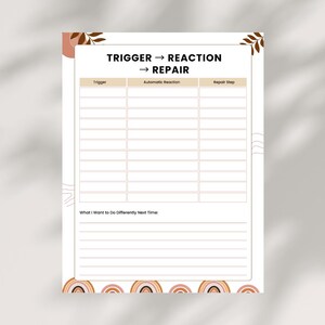 Puede incluir: Una hoja de trabajo imprimible beige y blanca con el texto "TRIGGER -> REACTION -> REPAIR" en la parte superior. La hoja de trabajo tiene secciones para "Trigger", "Automatic Reaction" y "Repair Step". Elementos decorativos incluyen hojas marrones y arcos iris.