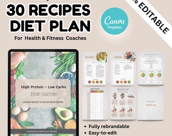 30 High-Protein Low-Carb Diet Plans Canva Template, Customizable Meal Planner for Weight Loss and Balanced Eating, Printable & Digital.