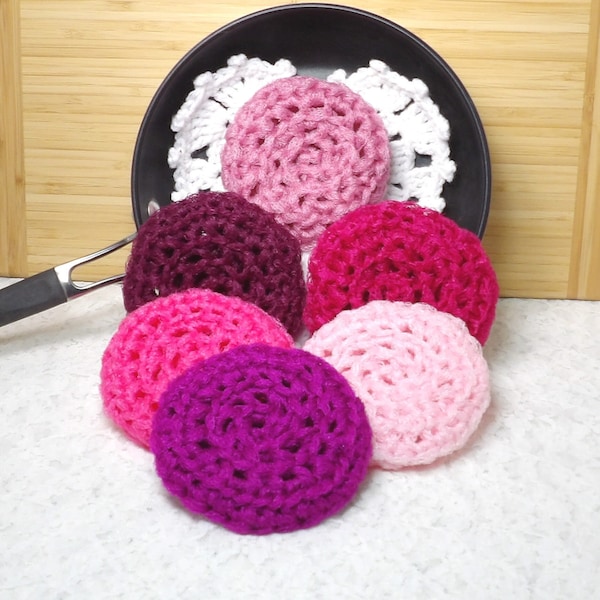 Scrubbers, scrubbies, nylon net, pots, pans, pink, burgundy, home, kitchen, bath, gift, 6pk. Pretty in Pink Collection in a 6pk.