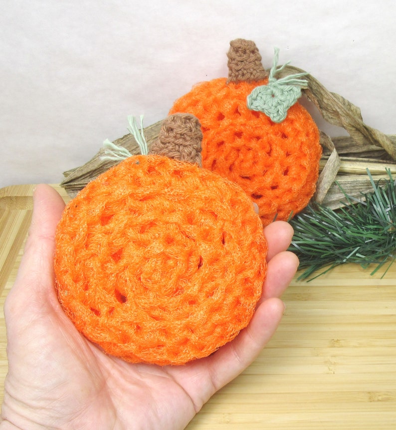 Scrubbers. Pumpkins, scour pad, cleaning aid, orange, scrubbie, home, kitchen,bath, durable, eco-friendly. 2pk Pumpkins Pot Scrubbers. image 4