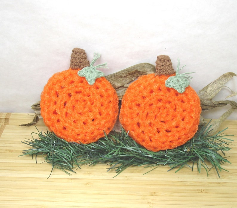 Scrubbers. Pumpkins, scour pad, cleaning aid, orange, scrubbie, home, kitchen,bath, durable, eco-friendly. 2pk Pumpkins Pot Scrubbers. image 2