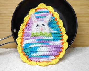 Potholder. Eggstra Potholder with Bunny Scrubby sitting in the pocket. Hot Pad, Sparkle Scrubby Bunny, Easter, Hot Pad, Gift, Housewarming.