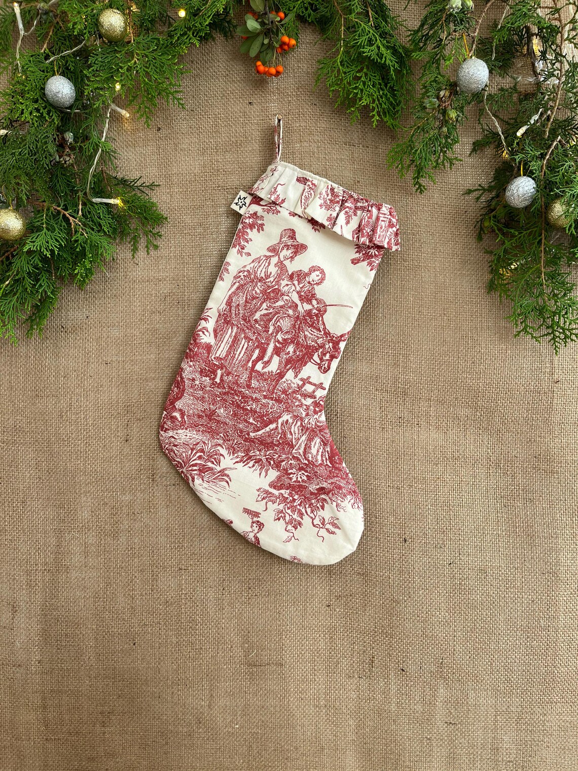 Toile De Jouy Christmas Stocking Rustic Green Red Stockings French Toile de jouy christmas stocking rustic green red stockings french