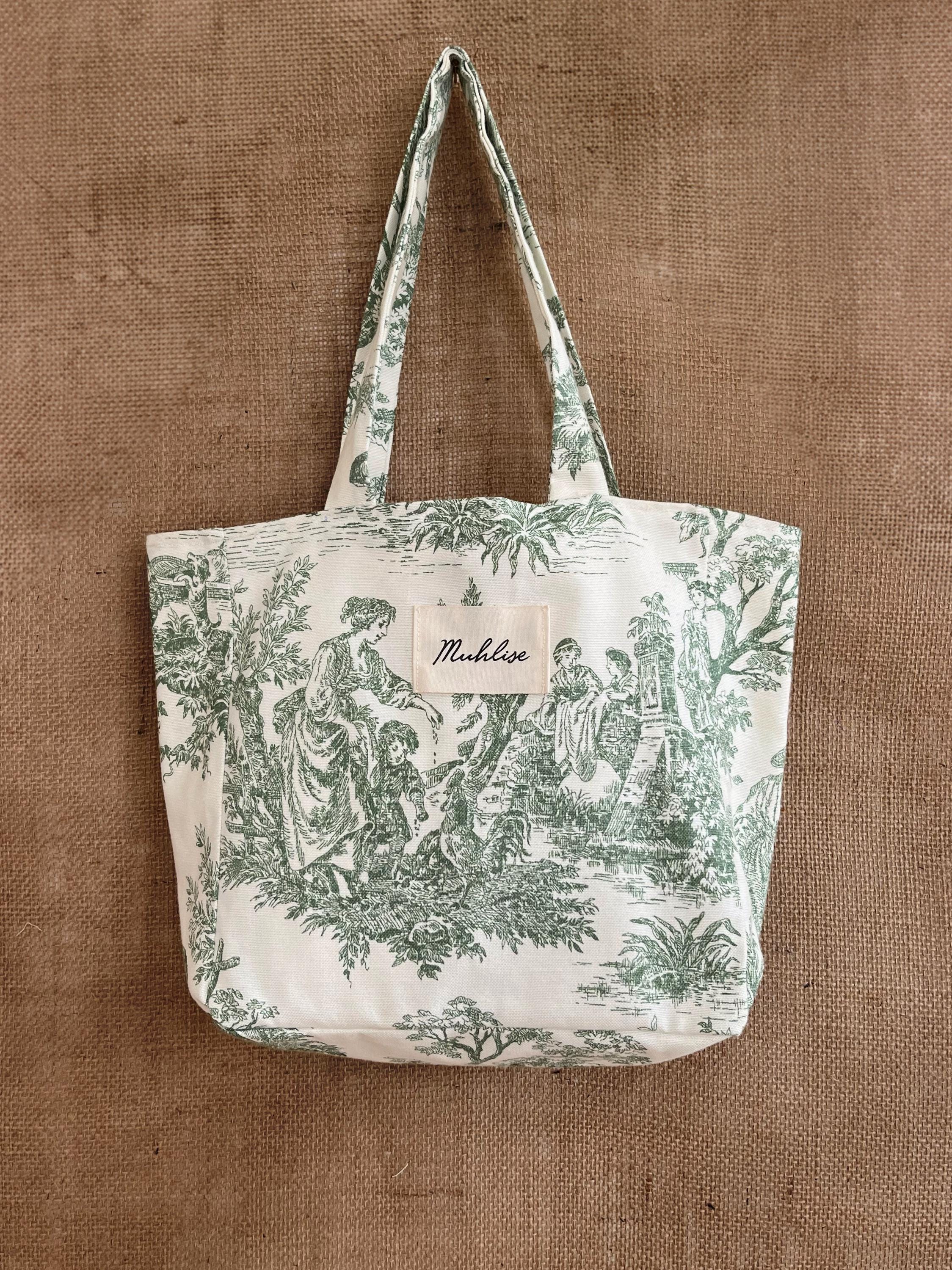 Sac Tote Bag Fait Main En Toile De Jouy - Motif Rose Rétro, Doublure Velours - Pièce Unique Fabriquée En France