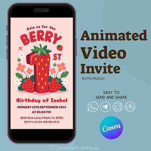 Sjabloon voor eerste verjaardag video-uitnodiging Berry, aardbei 1e verjaardag uitnodigen, meisjes 1e verjaardagsuitnodiging, bewerkbare eerste verjaardag kinderen