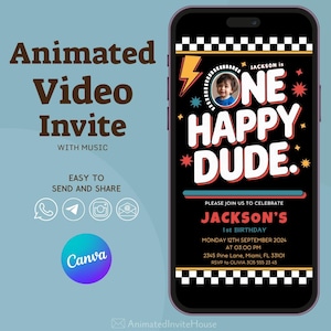 One Happy Dude Birthday Invitation With Photo One Happy Dude Animated Boys First Birthday Invite Personalized Cool Video Invitation Editable
