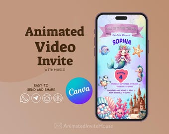 Mermaid Birthday Video Invitation, Editable Canva Template (Digital Download)