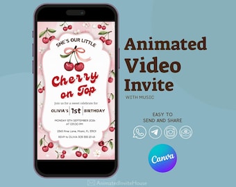 Cherry Birthday Animated Video Invitation, Editable Canva Template