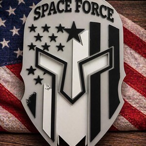 May include: A silver-colored Space Force emblem with black and white accents, featuring a stylized helmet design and the words "SPACE FORCE." The emblem is set against a backdrop of the American flag on a wooden surface.
