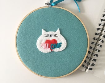 All One embroidery hoop, wall decor, gentle protest wall hanging, hugging cat, craftivist engaged art, cute cat love, OOAK - HibouDesigns