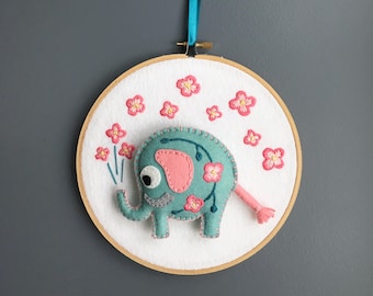 Embroidery hoop wall hanging, elephant hoop flower embroidery, elephant nursery decor, icy blue coral pink, hand sewn, HibouDesigns, OOAK