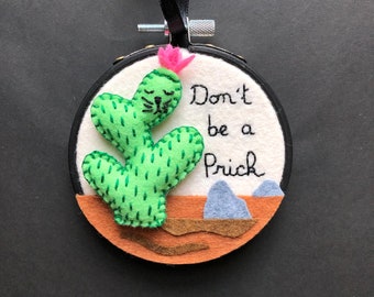 Mini hoop wall decor - Don't be a prick CaTcus mini embroidery hoop art, Cactus cat, prickly but cute - OOAK by HibouDesigns