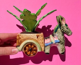Vintage Planter Series - Donkey pulling a cart vintage ceramic mini planter - made in Japan with felt plant - OOAK by HibouDesigns
