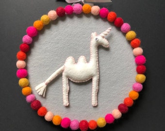 Embroidery hoop art, Camelcorn hoop, magical creature, camel unicorn, modern whimsical decor, hand sewn decor, multicolor pompoms, OOAK