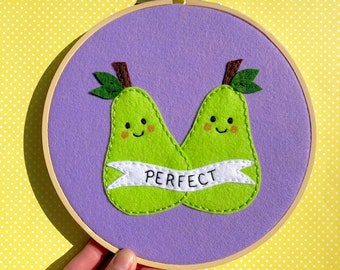 Embroidery hoop art - Wall decor - Perfect Pair - humorous saying - perfect love - green pears on lavender background , all hand sewn - OOAK