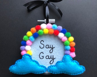 Say Gay - Mini hoop wall decor - mini embroidery hoop art, Defend LGBTQ rights in Florida - OOAK by HibouDesigns