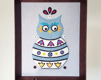 Framed embroidery art wall hanging Russian Owl  - embroidered home decor - owl lover gift - wisdom - shadowbox - all hand sewn - OOAK