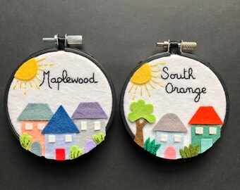 Maplewood - South Orange NJ mini hoop - love where your neighborhood, home sweet home - hand stitched wall hanging - OOAK by HibouDesigns