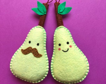 Pear felt ornaments, a pair of pears, ornament set, Pearfect pair ornaments - green pear plushies by HibouDesigns