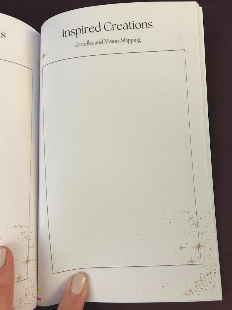 May include: Open book with the title "Inspired Creations" and the subtitle "Doodles and Vision Mapping." The pages are white with a black border and a blank space for writing or drawing. Gold star and dot accents are in the corners.