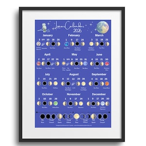 2026 Lunar Calendar | Moon Phases • Eclipses • Meteor Showers | Blue Digital Download | UTC Time Zone | Printable Wall Art