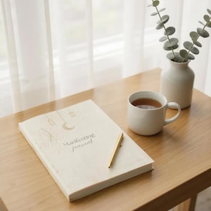 May include: A cream-colored journal with the words "Manifesting Journal" and a gold pen rest on a wooden table. A white mug filled with tea and a small white vase with greenery are also on the table, near a window with sheer curtains.
