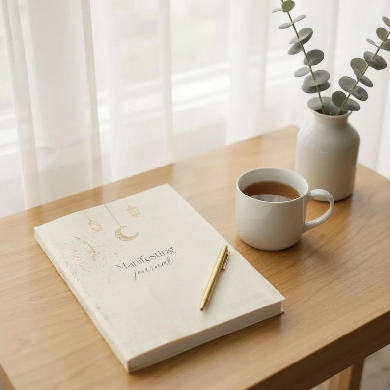 May include: A cream-colored journal with the words "Manifesting Journal" and a gold pen rest on a wooden table. A white mug filled with tea and a small white vase with greenery are also on the table, near a window with sheer curtains.