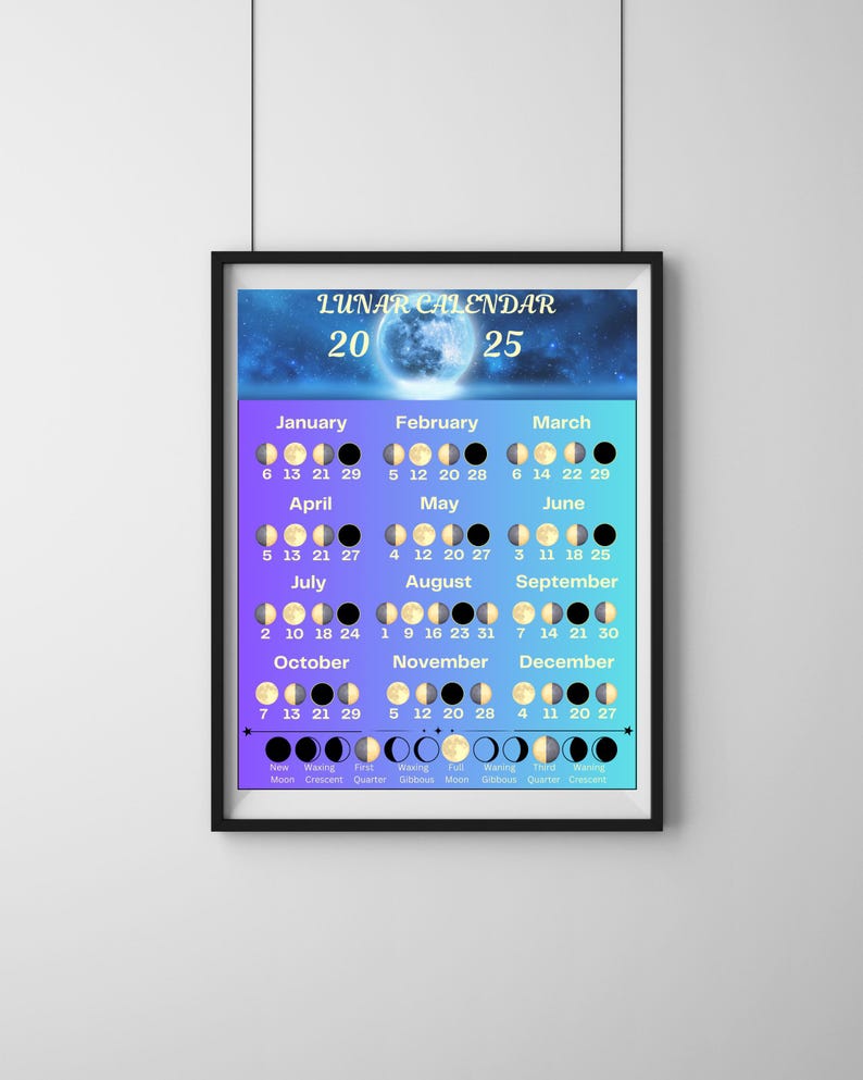 2025 Lunar Calendar Digital Download, Moon Phase, Moon Calendar Art Print, Printable Etsy