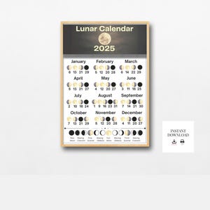 2025 White Lunar Calendar Digital Download, Moon Phase Calendar Art Print, Printable Full Moon Dates, Spiritual Planner