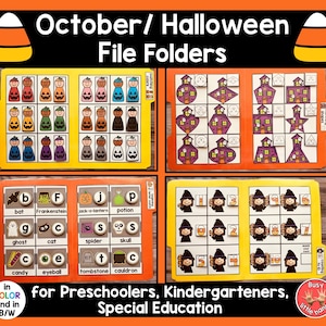 May include: A colorful educational resource titled "October/Halloween File Folders" for preschoolers, kindergarteners, and special education. The image features file folders with Halloween-themed illustrations, including pumpkins, ghosts, and witches. The folders are in color and black and white.