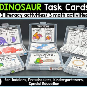 May include: Educational Dinosaur Task Cards for toddlers, preschoolers, kindergarteners, and special education. The task cards include 3 literacy and 3 math activities. The cards are in color and black and white.
