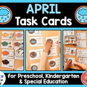 May include: Educational task cards for preschool, kindergarten, and special education. The image features cards with colorful illustrations of shapes, colors, and objects, with the text "APRIL Task Cards" at the top. The cards are designed for use in color and in black and white.