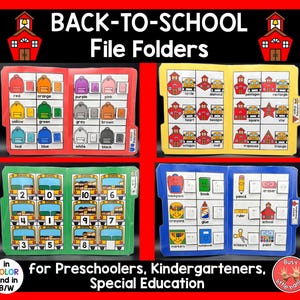 May include: Four open file folders labeled BACK-TO-SCHOOL File Folders. The red folder shows colored backpacks, the yellow folder displays shapes with school icons, the green folder features school buses with numbers, and the blue folder shows school supplies.
