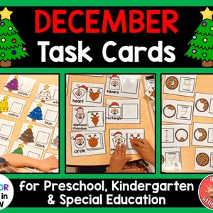 May include: A set of December-themed task cards for preschool, kindergarten, and special education. The cards feature images of Christmas trees, Santa Claus, and other holiday-related objects. The cards are designed to help children learn about shapes, colors, and numbers.
