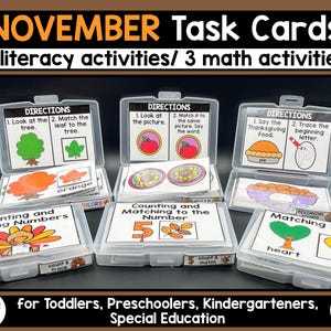 May include: Educational task cards for November, featuring 3 literacy and 3 math activities. The cards, in clear plastic cases, include matching, counting, and tracing exercises with colorful illustrations for toddlers, preschoolers, and special education.