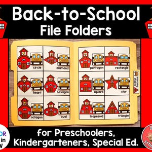 May include: A yellow file folder with the text "Back-to-School File Folders" and illustrations of shapes, schools, and school buses. The folder is designed for preschoolers, kindergarteners, and special education students. The words "in color and in B/W" are also visible.