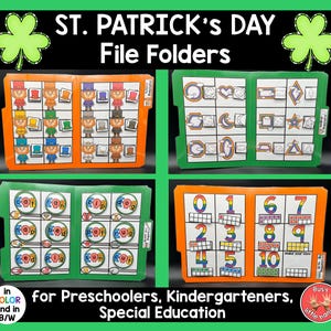 May include: Four colorful file folders with different St. Patrick's Day themed activities for preschoolers, kindergarteners, and special education. The folders are orange, green, and have a rainbow design. The text on the folders reads "ST. PATRICK'S DAY File Folders" and "for Preschoolers, Kindergarteners, Special Education".
