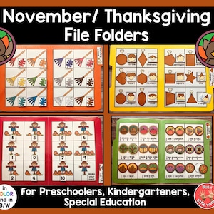 May include: Four file folders with a Thanksgiving theme. The folders feature images of rakes and leaves, shapes, numbers with children, and fall-themed objects. Text includes "November/ Thanksgiving File Folders" and "for Preschoolers, Kindergarteners, Special Education."