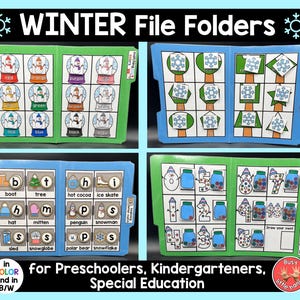 May include: Four colorful file folders with winter-themed activities for preschoolers, kindergarteners, and special education. The folders feature images of snowmen, boots, hats, mittens, penguins, and snowglobes. The text on the folders includes "WINTER File Folders", "for Preschoolers, Kindergarteners, Special Education", and "Busy Little Hands".