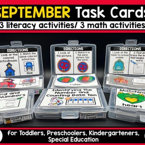May include: Educational task cards for September, featuring 3 literacy and 3 math activities. The cards are in clear plastic cases and include colorful illustrations and instructions. Text on the cards includes "Look at the picture" and "Match the same-colored school bus."