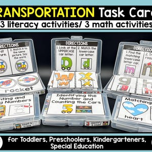May include: Educational task cards for toddlers, preschoolers, and special education. The cards feature transportation themes with literacy and math activities. Each clear plastic case contains cards with pictures and instructions. The text on the cards includes "Transportation Task Cards".