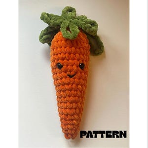 May include: A plush orange carrot with a smiling face and green leafy top. The word "PATTERN" is printed in black block letters at the bottom. This handmade item is a cute, whimsical decoration.