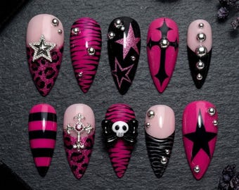 Y2K Pink Punk Press On Nails / Hot Pink Zebra Leopard Fake Nails / Goth Star Cross Skull Nails / Long Almond Handmade Set