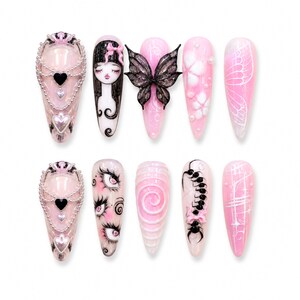 Coquette Butterfly Press On Nails / Pink Fairycore Almond Nails / 3D Gothic Handmade Fake Nails / Y2K Kawaii Nail Art